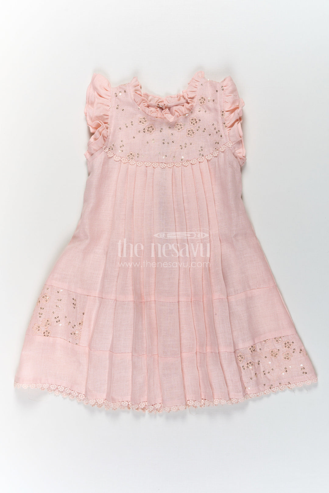 The Nesavu Girls Cotton Frock Girls bacchon ki cotton frock in Soft Flax Fabric with Embroidered Yoke and Delicate Frill Sleeves Nesavu 22 (4Y) / Peach GFC1646D-22 Nesavu Girls bacchon ki cotton frock Flax Fabric Embroidered Yoke Soft Frills