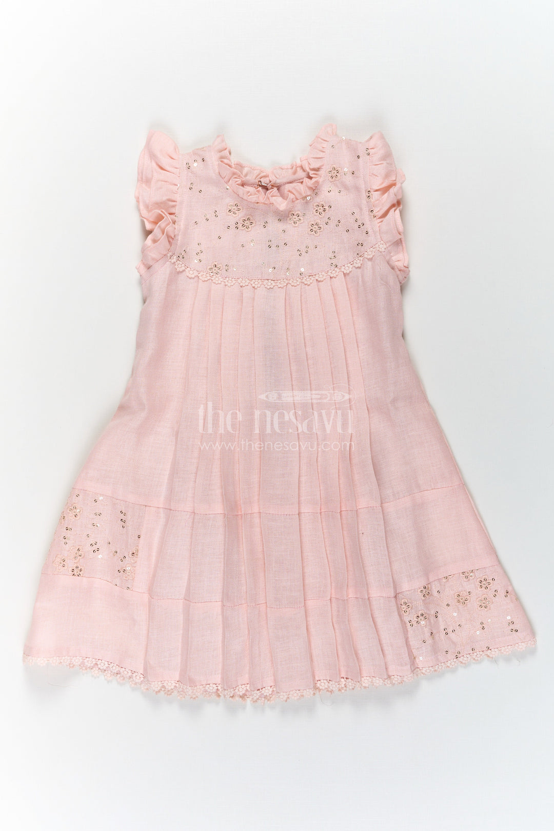 The Nesavu Girls Cotton Frock Girls bacchon ki cotton frock in Soft Flax Fabric with Embroidered Yoke and Delicate Frill Sleeves Nesavu Nesavu Girls bacchon ki cotton frock Flax Fabric Embroidered Yoke Soft Frills