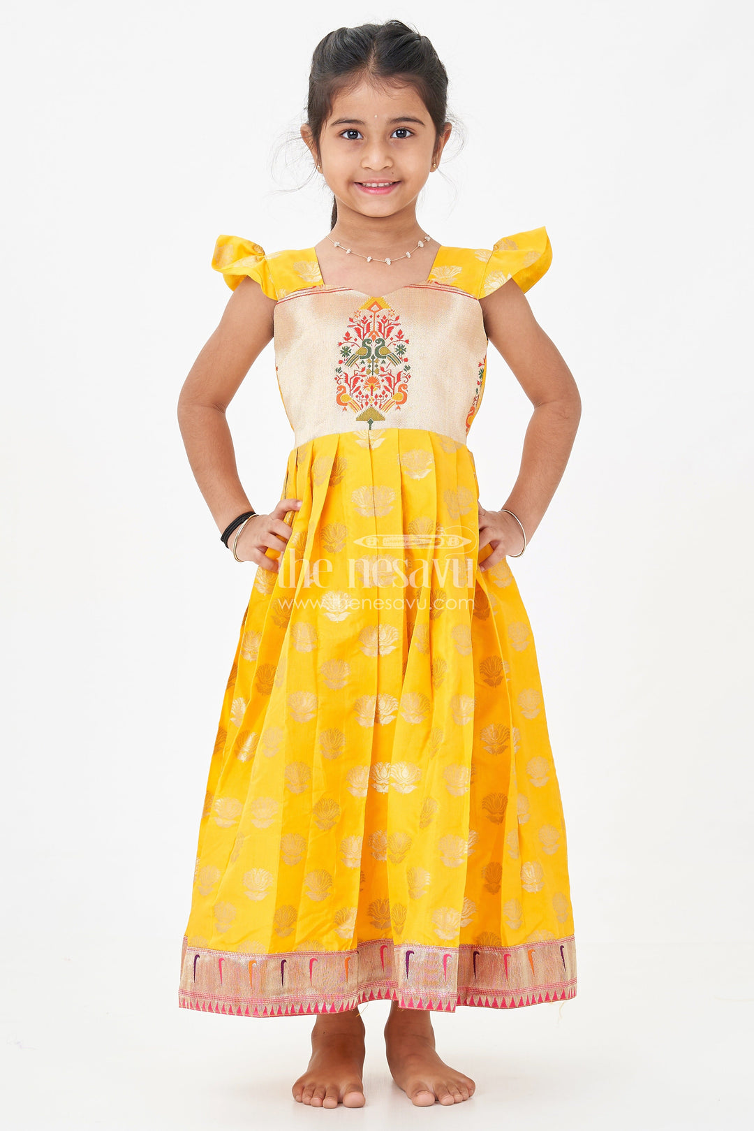 The Nesavu Girls Silk Gown Girls Banarasi Anarkali Gown in Yellow Semi Banaras Silk with Paithani Yoke and Gold Motifs Nesavu 18 (2Y) / Yellow / Style 1 GA322CA-18 Nesavu Girls Banarasi Anarkali Gown in Yellow Semi Banaras Silk with Paithani Embroidered Yoke