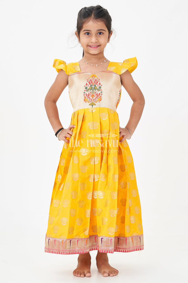 The Nesavu Girls Silk Gown Girls Banarasi Anarkali Gown in Yellow Semi Banaras Silk with Paithani Yoke and Gold Motifs Nesavu 18 (2Y) / Yellow / Style 1 GA322CA-18 Nesavu Girls Banarasi Anarkali Gown in Yellow Semi Banaras Silk with Paithani Embroidered Yoke