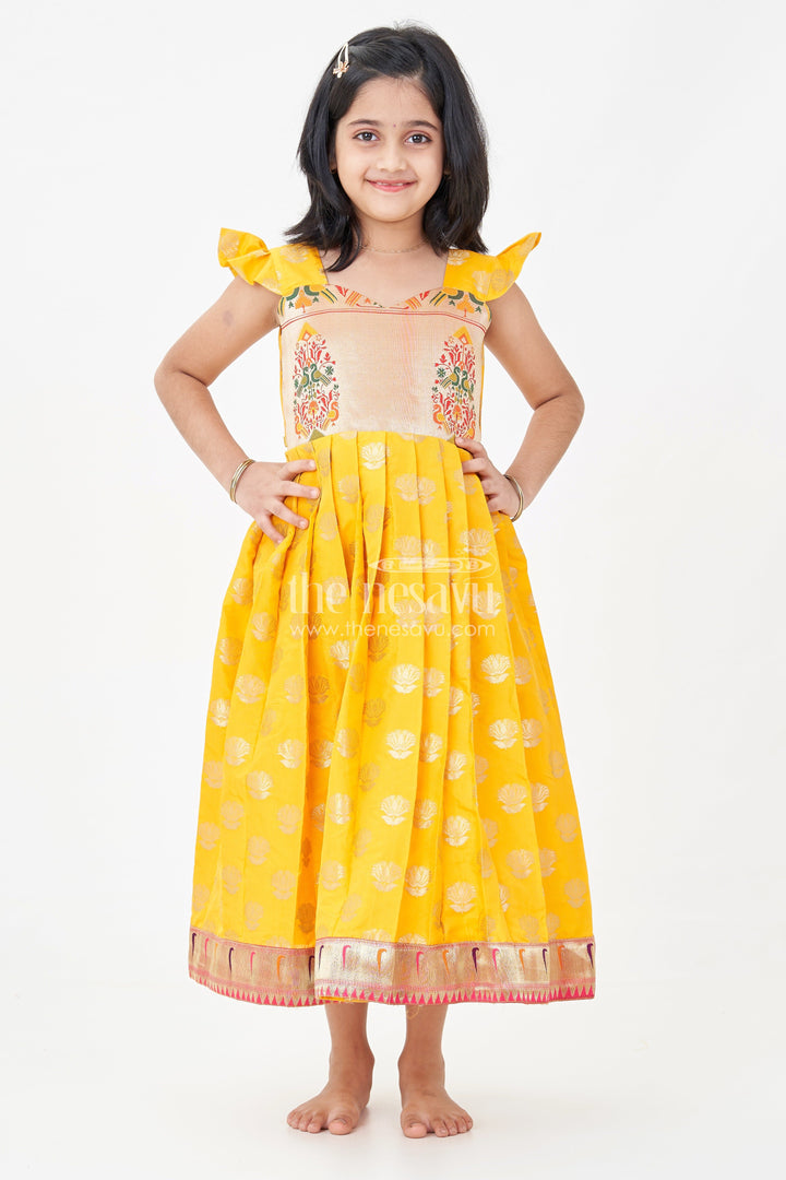 The Nesavu Girls Silk Gown Girls Banarasi Anarkali Gown in Yellow Semi Banaras Silk with Paithani Yoke and Gold Motifs Nesavu 24 (5Y) / Yellow / Style 2 GA322CB-24 Nesavu Girls Banarasi Anarkali Gown in Yellow Semi Banaras Silk with Paithani Embroidered Yoke