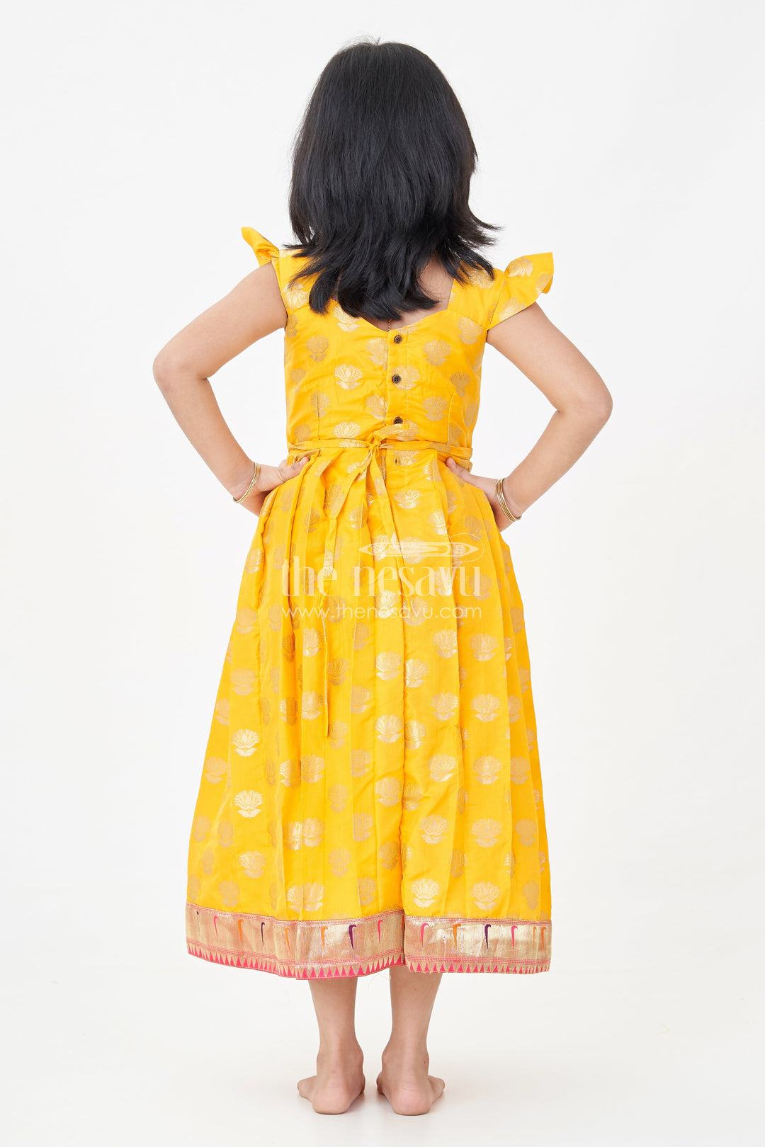The Nesavu Girls Silk Gown Girls Banarasi Anarkali Gown in Yellow Semi Banaras Silk with Paithani Yoke and Gold Motifs Nesavu Nesavu Girls Banarasi Anarkali Gown in Yellow Semi Banaras Silk with Paithani Embroidered Yoke