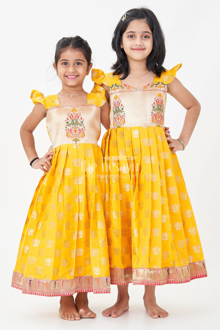 The Nesavu Girls Silk Gown Girls Banarasi Anarkali Gown in Yellow Semi Banaras Silk with Paithani Yoke and Gold Motifs Nesavu Nesavu Girls Banarasi Anarkali Gown in Yellow Semi Banaras Silk with Paithani Embroidered Yoke