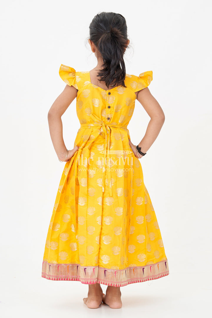 The Nesavu Girls Silk Gown Girls Banarasi Anarkali Gown in Yellow Semi Banaras Silk with Paithani Yoke and Gold Motifs Nesavu Nesavu Girls Banarasi Anarkali Gown in Yellow Semi Banaras Silk with Paithani Embroidered Yoke