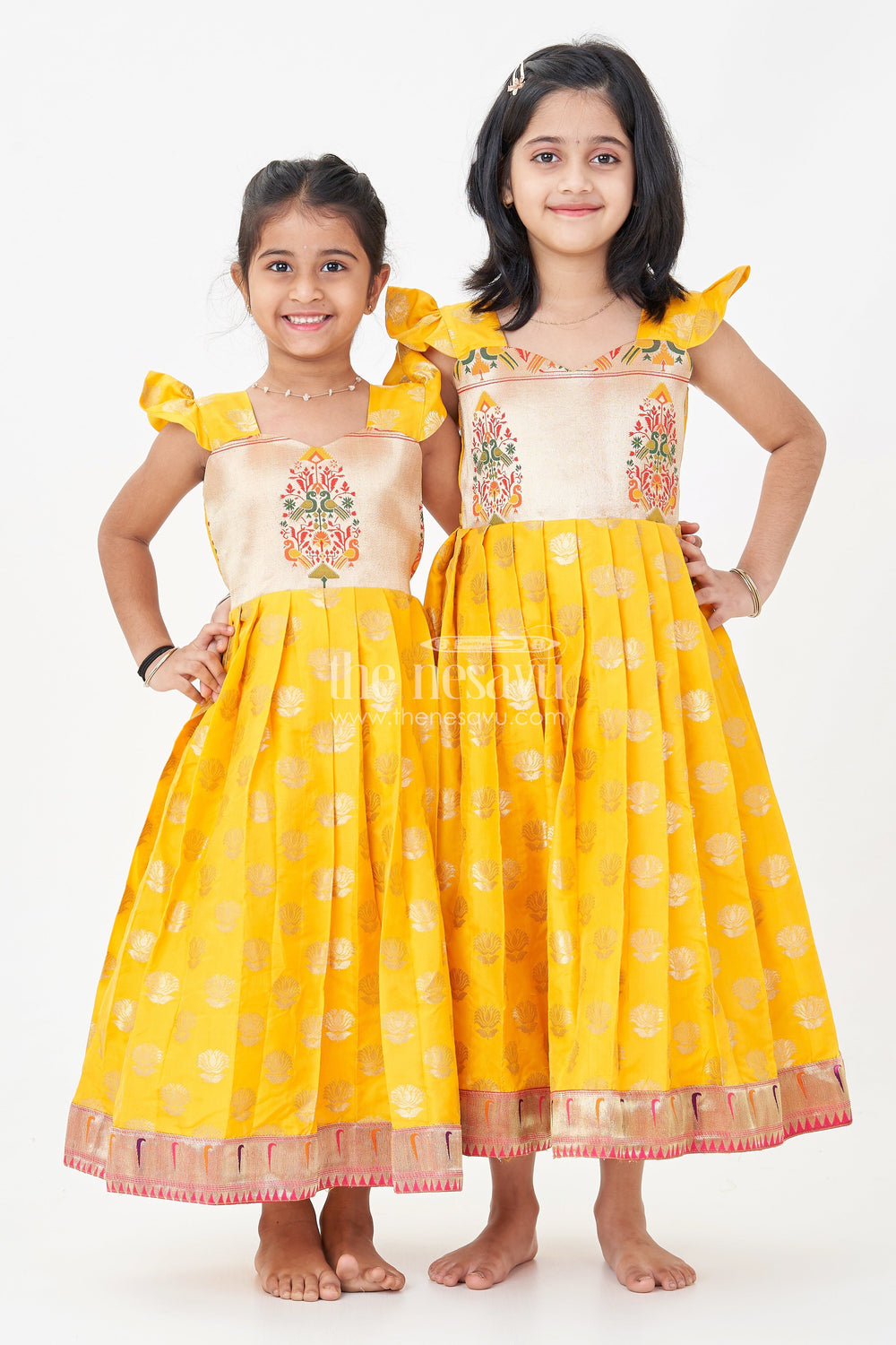 The Nesavu Girls Silk Gown Girls Banarasi Anarkali Gown in Yellow Semi Banaras Silk with Paithani Yoke and Gold Motifs Nesavu Nesavu Girls Banarasi Anarkali Gown in Yellow Semi Banaras Silk with Paithani Embroidered Yoke