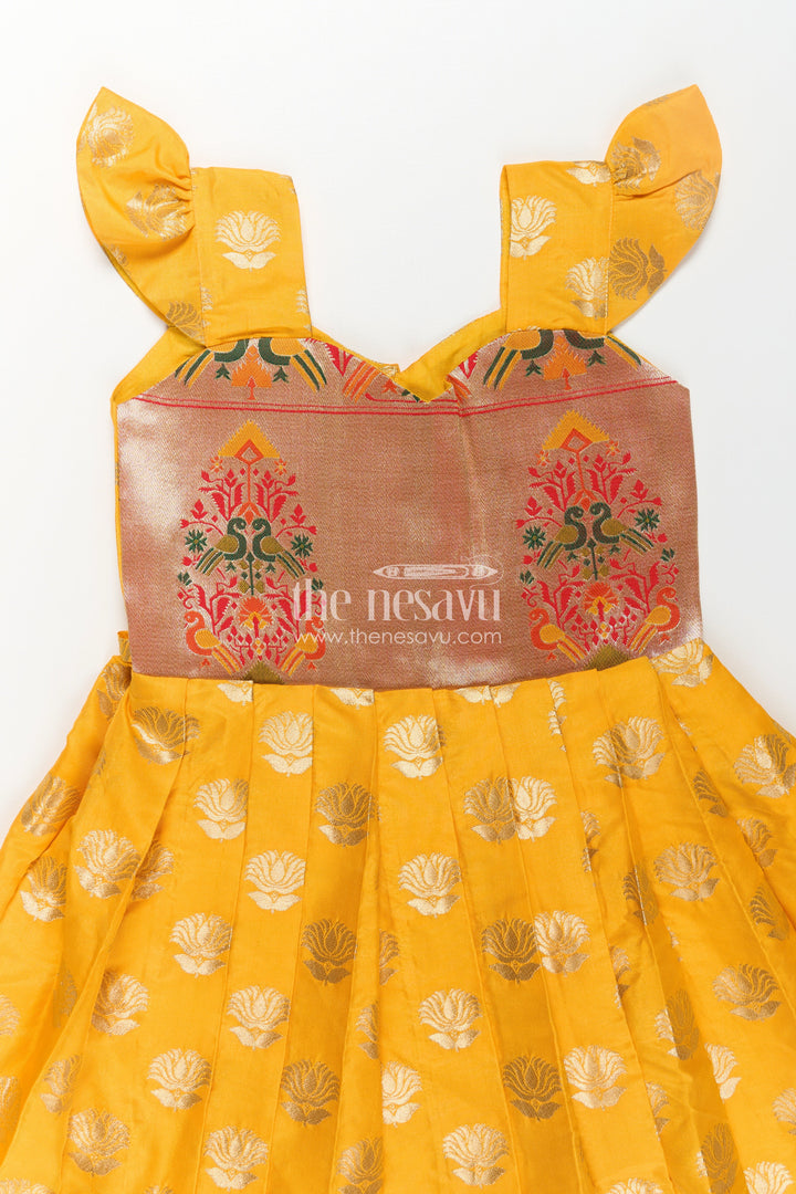 The Nesavu Girls Silk Gown Girls Banarasi Anarkali Gown in Yellow Semi Banaras Silk with Paithani Yoke and Gold Motifs Nesavu Nesavu Girls Banarasi Anarkali Gown in Yellow Semi Banaras Silk with Paithani Embroidered Yoke