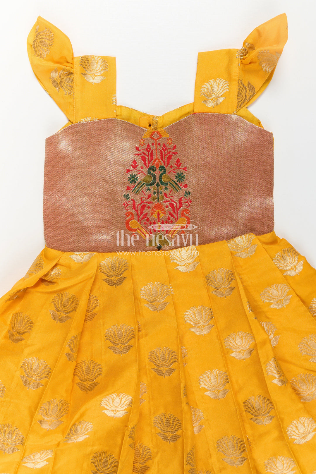 The Nesavu Girls Silk Gown Girls Banarasi Anarkali Gown in Yellow Semi Banaras Silk with Paithani Yoke and Gold Motifs Nesavu Nesavu Girls Banarasi Anarkali Gown in Yellow Semi Banaras Silk with Paithani Embroidered Yoke