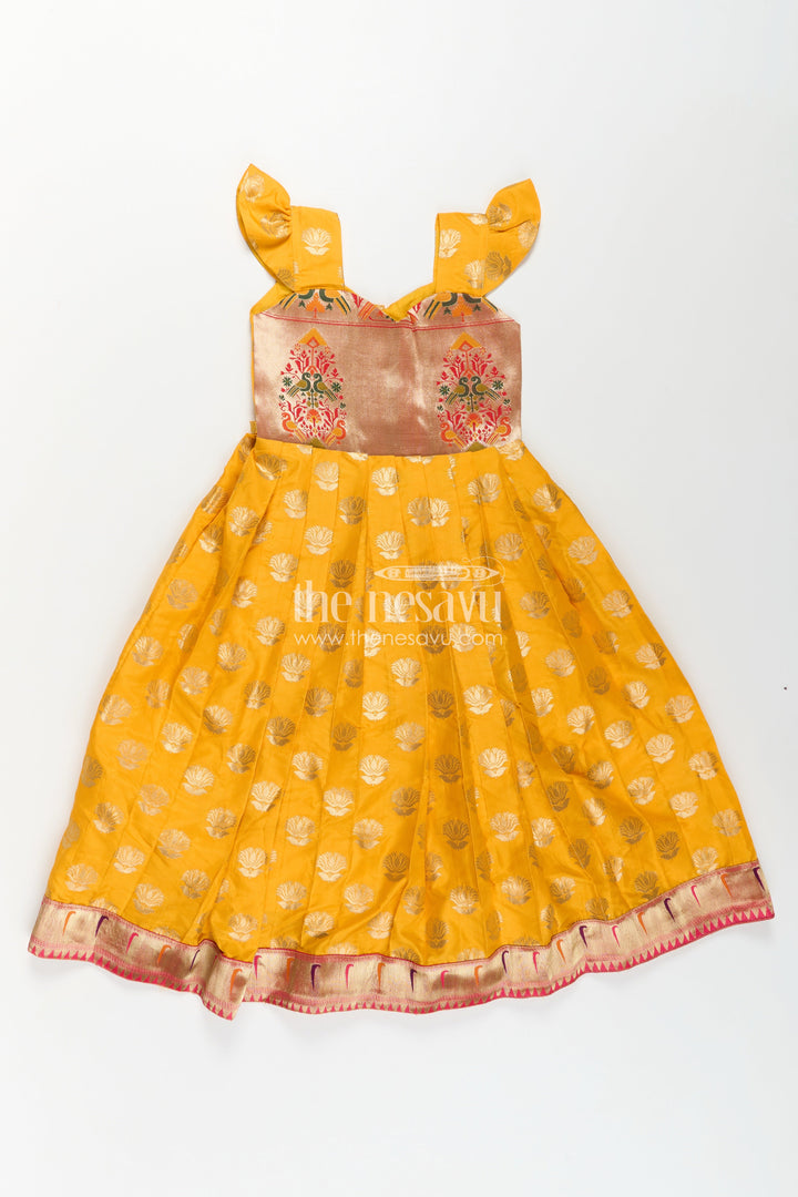 The Nesavu Girls Silk Gown Girls Banarasi Anarkali Gown in Yellow Semi Banaras Silk with Paithani Yoke and Gold Motifs Nesavu Nesavu Girls Banarasi Anarkali Gown in Yellow Semi Banaras Silk with Paithani Embroidered Yoke