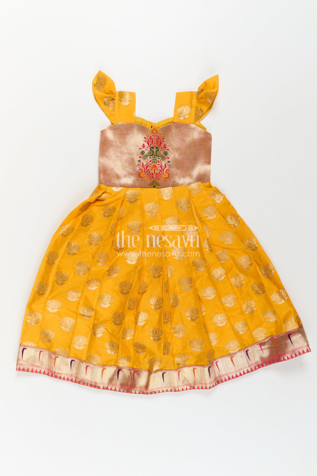 The Nesavu Girls Silk Gown Girls Banarasi Anarkali Gown in Yellow Semi Banaras Silk with Paithani Yoke and Gold Motifs Nesavu Nesavu Girls Banarasi Anarkali Gown in Yellow Semi Banaras Silk with Paithani Embroidered Yoke