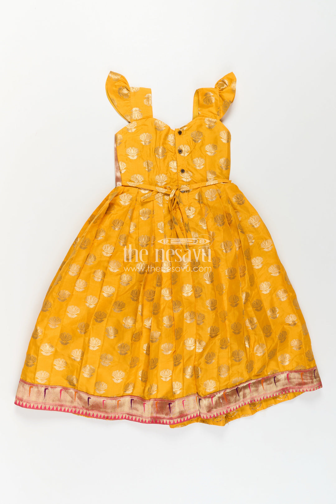 The Nesavu Girls Silk Gown Girls Banarasi Anarkali Gown in Yellow Semi Banaras Silk with Paithani Yoke and Gold Motifs Nesavu Nesavu Girls Banarasi Anarkali Gown in Yellow Semi Banaras Silk with Paithani Embroidered Yoke
