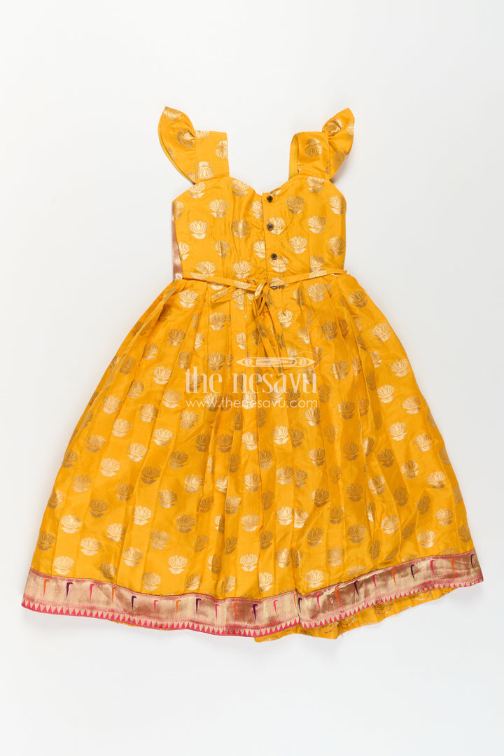 The Nesavu Girls Silk Gown Girls Banarasi Anarkali Gown in Yellow Semi Banaras Silk with Paithani Yoke and Gold Motifs Nesavu Nesavu Girls Banarasi Anarkali Gown in Yellow Semi Banaras Silk with Paithani Embroidered Yoke
