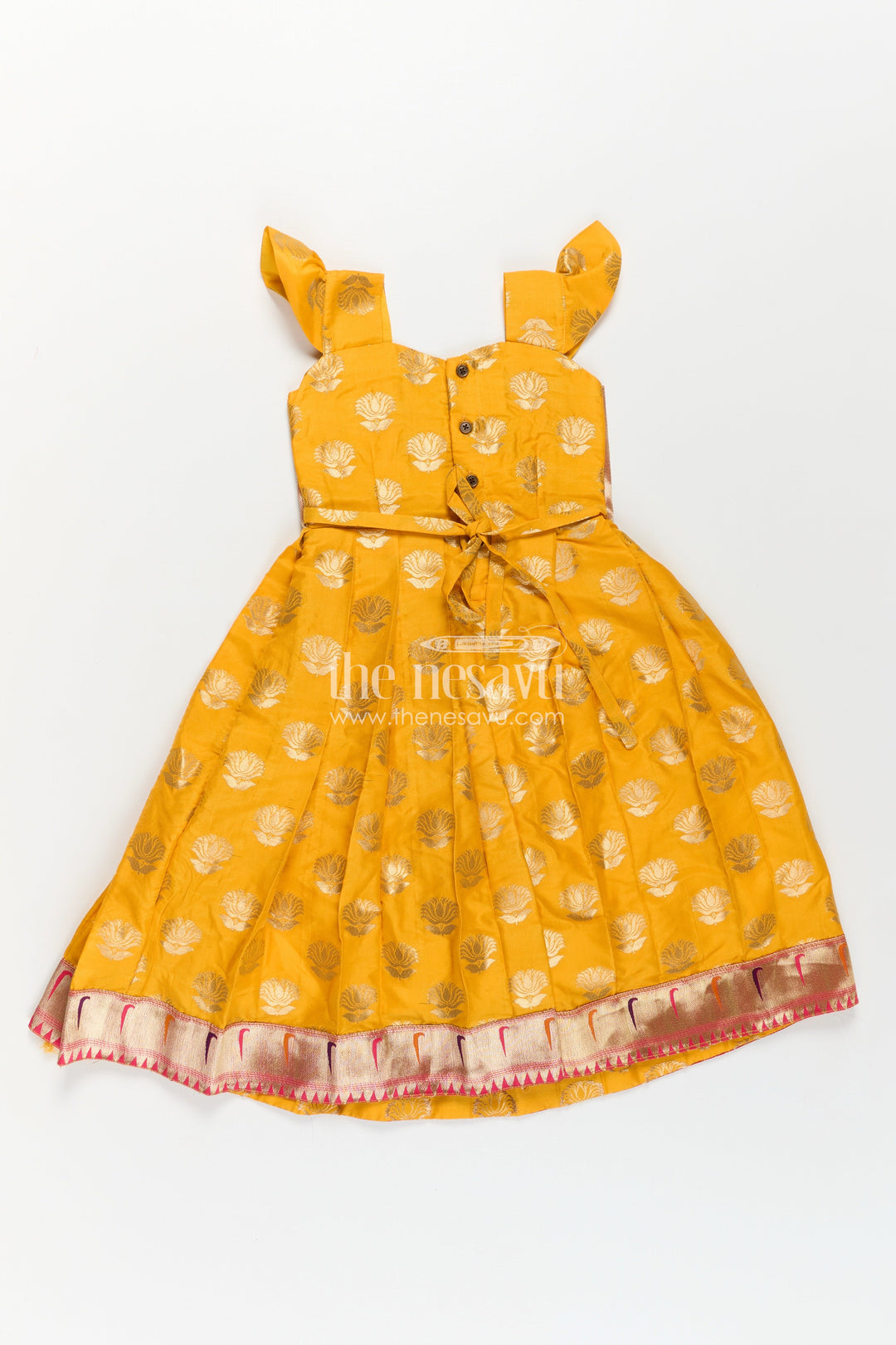 The Nesavu Girls Silk Gown Girls Banarasi Anarkali Gown in Yellow Semi Banaras Silk with Paithani Yoke and Gold Motifs Nesavu Nesavu Girls Banarasi Anarkali Gown in Yellow Semi Banaras Silk with Paithani Embroidered Yoke