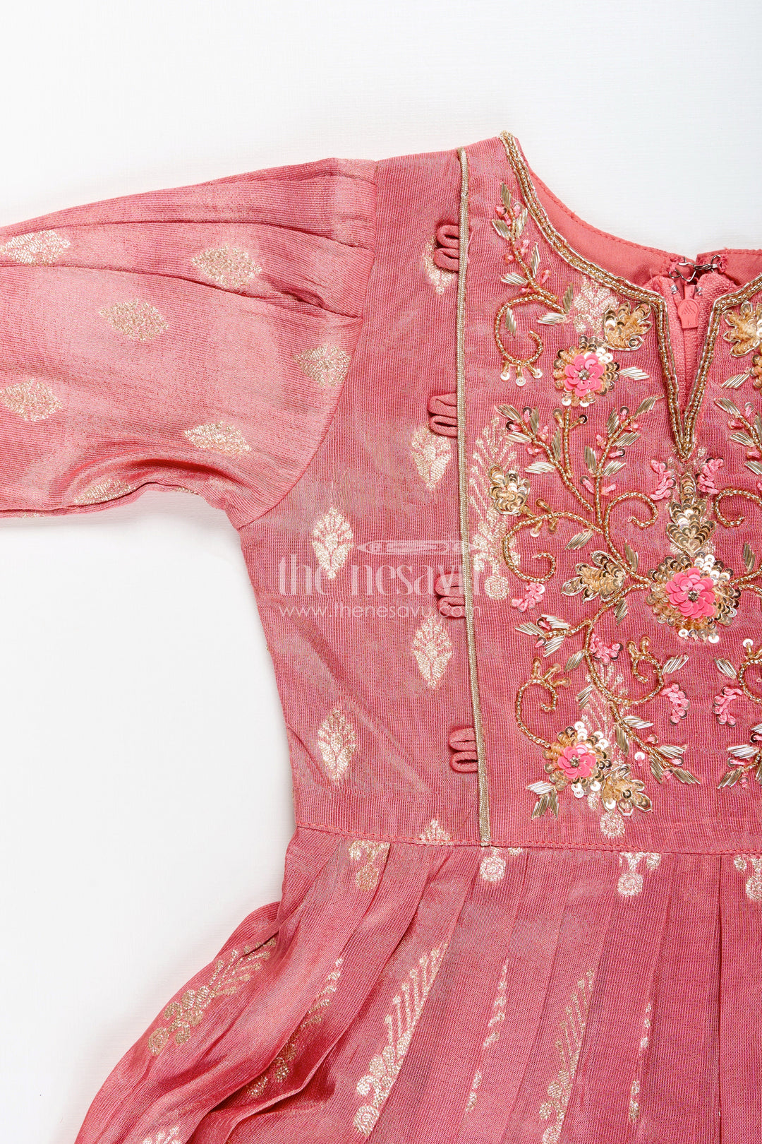 The Nesavu Girls Party Gown Girls banarasi casual gown with designer yoke for festive family moments Nesavu Nesavu girls banarasi casual gown designer yoke ethnic wear festive gatherings