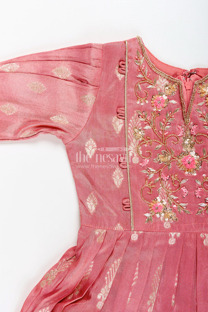 The Nesavu Girls Party Gown Girls banarasi casual gown with designer yoke for festive family moments Nesavu Nesavu girls banarasi casual gown designer yoke ethnic wear festive gatherings