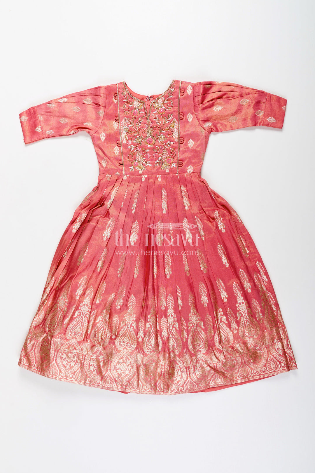 The Nesavu Girls Party Gown Girls banarasi casual gown with designer yoke for festive family moments Nesavu Nesavu girls banarasi casual gown designer yoke ethnic wear festive gatherings