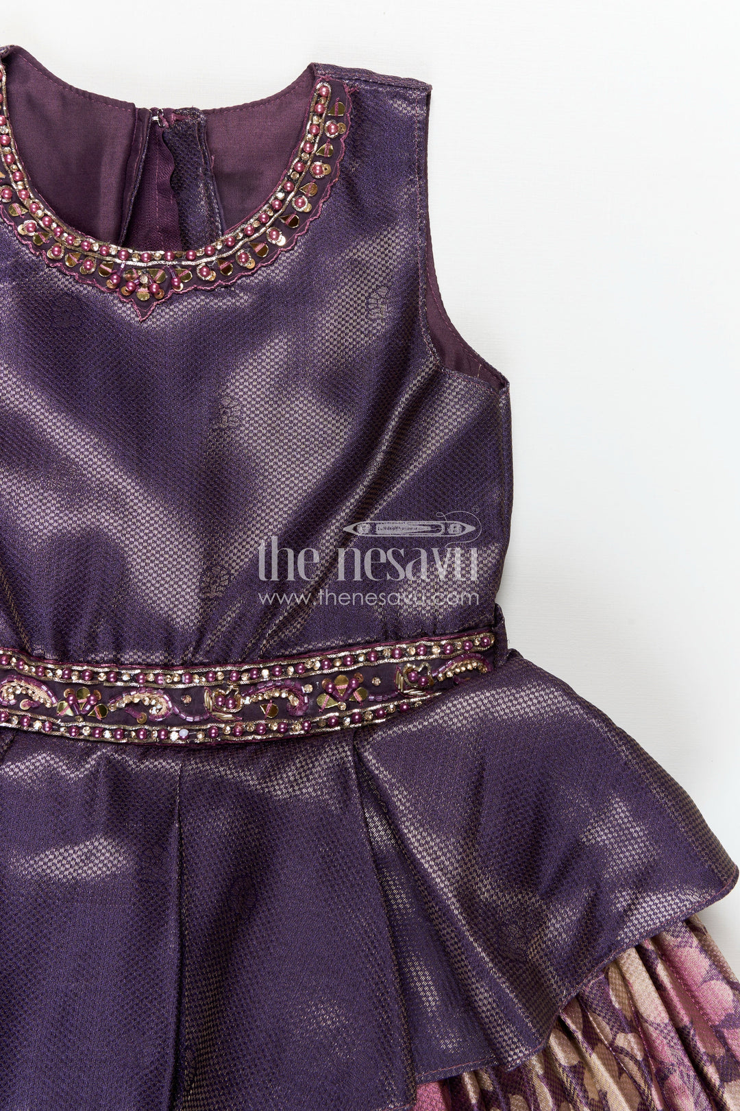 The Nesavu Silk Frock Girls Banarasi Jacquard Silk Full Frock with Gathers and Embellished Neckline in Silk Full Frocks Style Nesavu Nesavu Girls Full Length Silk Frock Floral Prints Peplum Waist Banarasi Jacquard