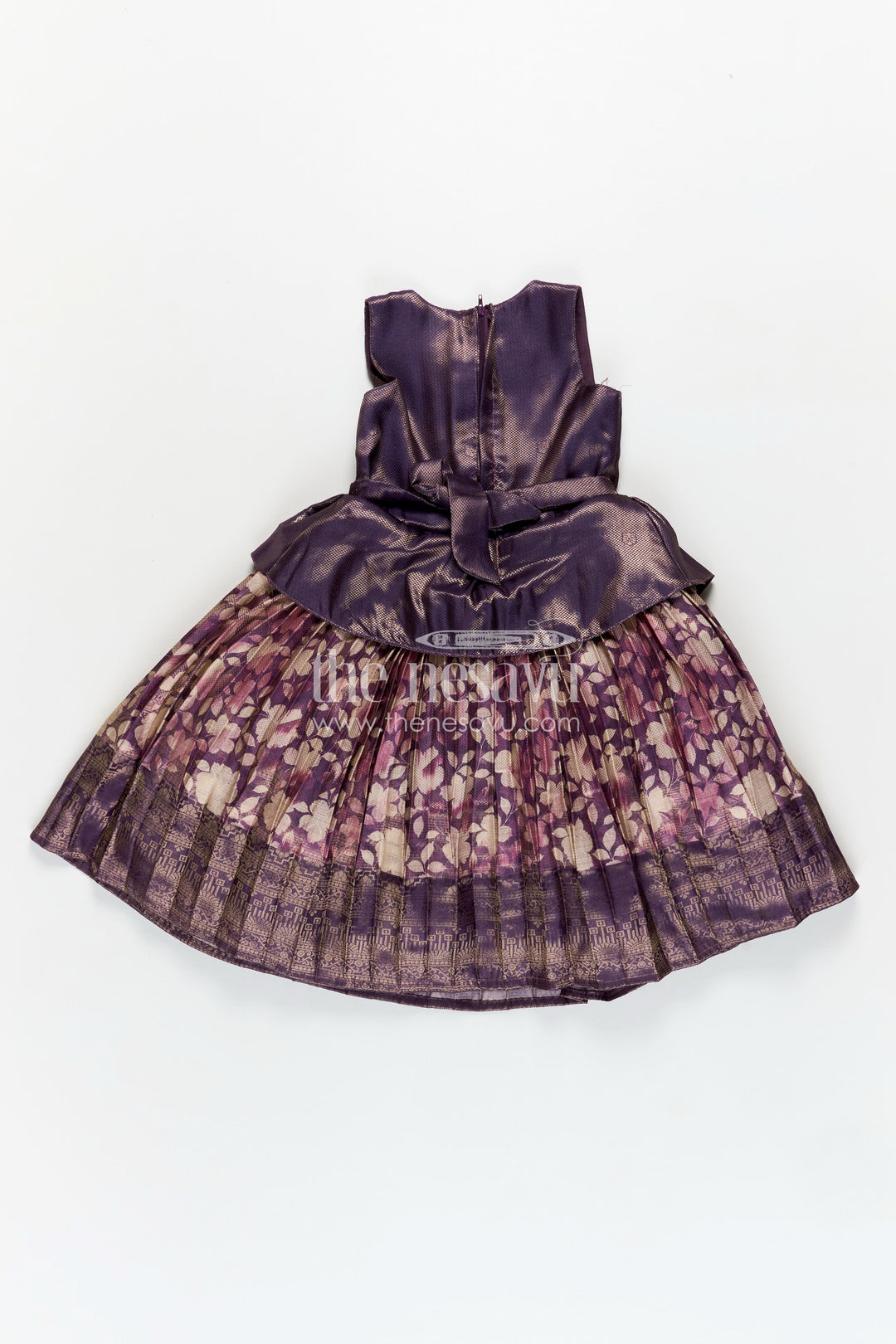 The Nesavu Silk Frock Girls Banarasi Jacquard Silk Full Frock with Gathers and Embellished Neckline in Silk Full Frocks Style Nesavu Nesavu Girls Full Length Silk Frock Floral Prints Peplum Waist Banarasi Jacquard