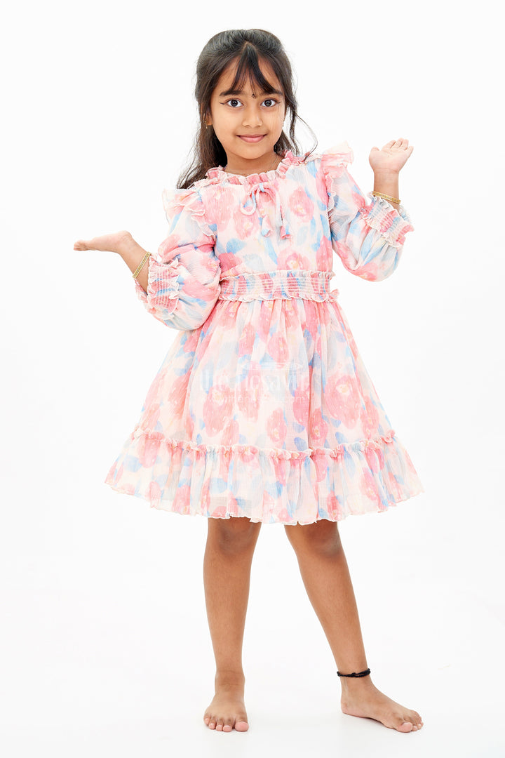 The Nesavu Girls Fancy Frock Girls Beautiful Cotton Frock with Floral Printed Pleated Organza and Ruffle Details Nesavu 18 (2Y) / Multicolor GFC1602A-18 Nesavu Girls Floral Printed Beautiful Cotton Frock Ruffles Puff Sleeves