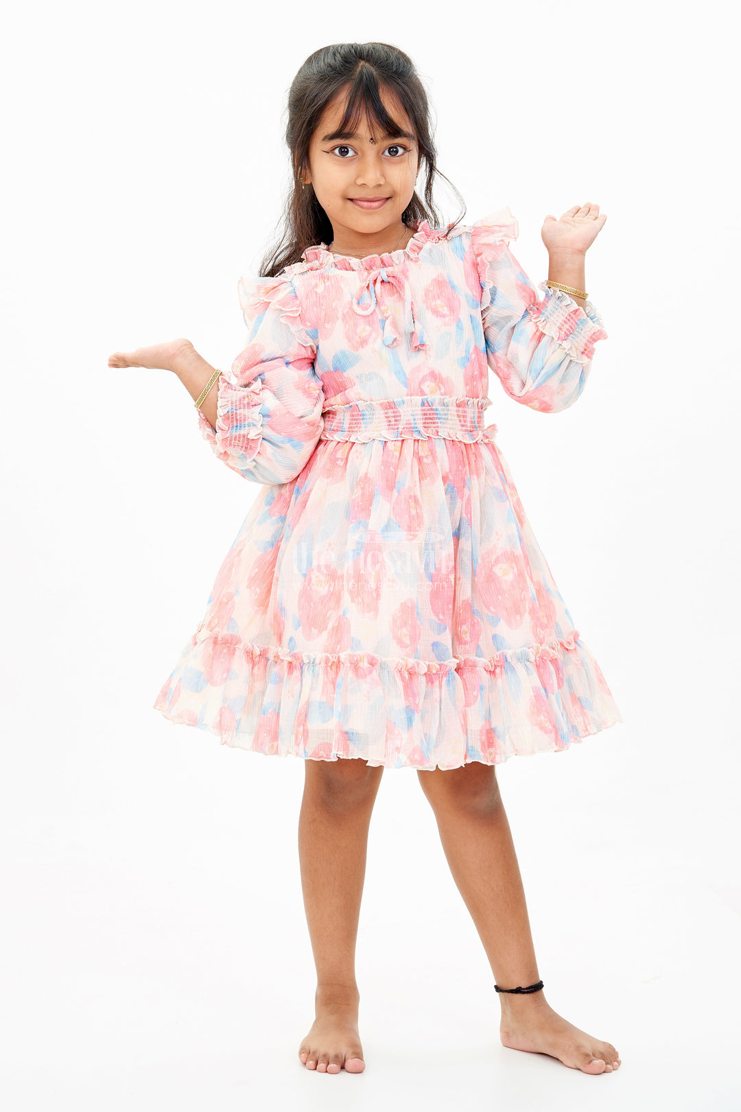 The Nesavu Girls Fancy Frock Girls Beautiful Cotton Frock with Floral Printed Pleated Organza and Ruffle Details Nesavu 18 (2Y) / Multicolor GFC1602A-18 Nesavu Girls Floral Printed Beautiful Cotton Frock Ruffles Puff Sleeves