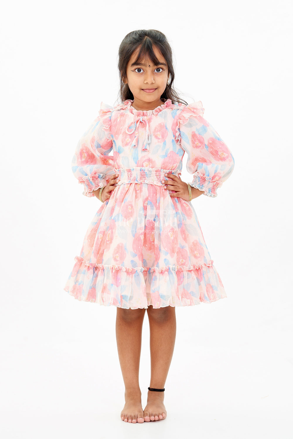 The Nesavu Girls Fancy Frock Girls Beautiful Cotton Frock with Floral Printed Pleated Organza and Ruffle Details Nesavu Nesavu Girls Floral Printed Beautiful Cotton Frock Ruffles Puff Sleeves