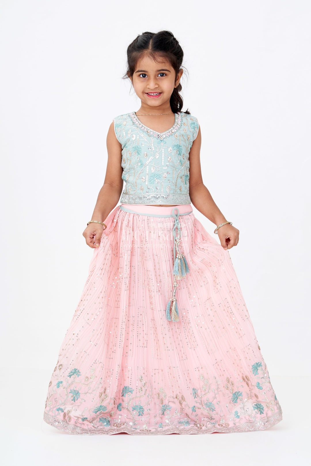 The Nesavu Girls Lehenga Choli Girls Beautiful Ghagra Choli with Embroidery and Sequin Detailing for Wedding Wear Nesavu 24 (5Y) / Peach GL597A-24 Nesavu Girls Beautiful Ghagra Choli Designer Embroidery Sequins Wedding Wear