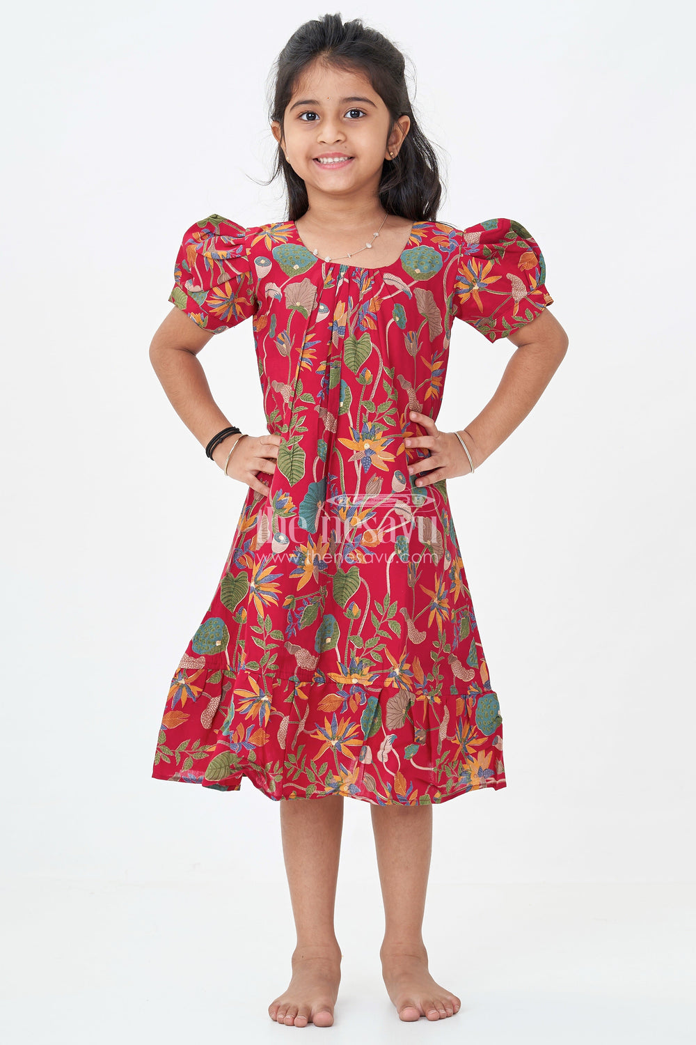 The Nesavu Girls Fancy Frock Girls Beautiful Party Frock in Red Modal Silk with Bold Floral Digital Print and Flared Hem Nesavu Nesavu Red Modal Silk Beautiful Party Frock Puff Sleeves Vibrant Floral Digital Print