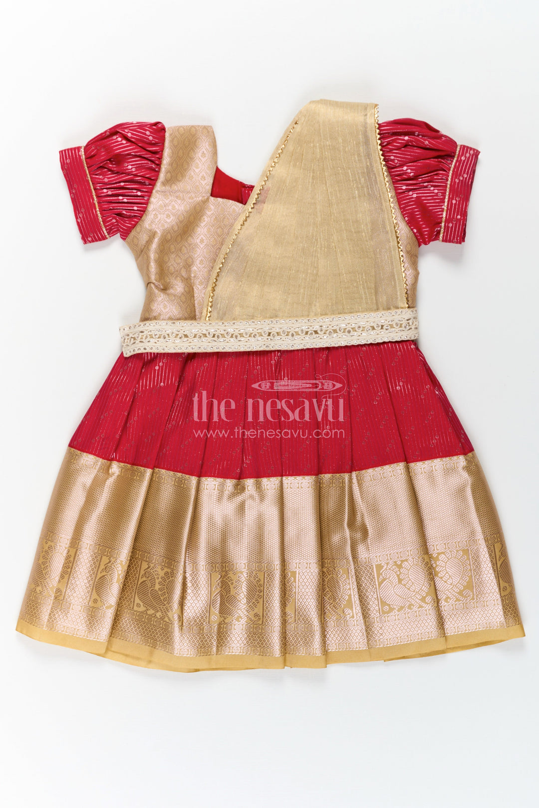 The Nesavu Girls Kanchi Silk Frock Girls Beige and Red Pattu Pavadai with Elegant Golden Border for Festive Wear Nesavu 14 (6M) / Beige / Style 1 SF825DA-14 Nesavu Girls Beige Red Pattu Pavadai Elegant Golden Border Festive Celebrations