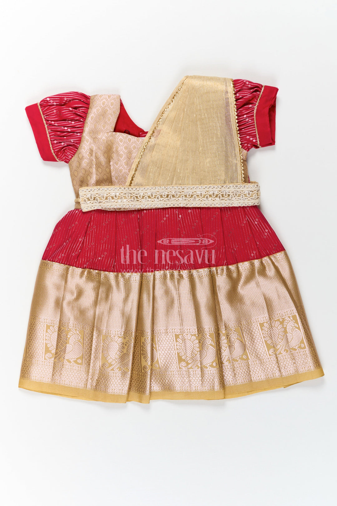 The Nesavu Girls Kanchi Silk Frock Girls Beige and Red Pattu Pavadai with Elegant Golden Border for Festive Wear Nesavu 14 (6M) / Beige / Style 4 SF825DD-14 Nesavu Girls Beige Red Pattu Pavadai Elegant Golden Border Festive Celebrations