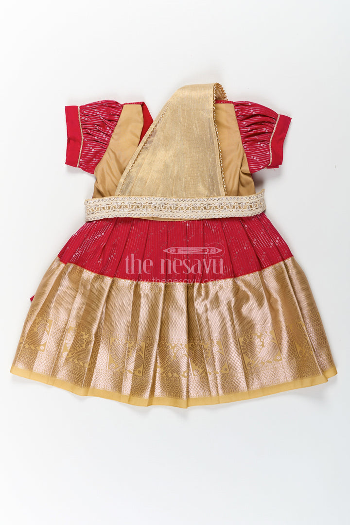 The Nesavu Girls Kanchi Silk Frock Girls Beige and Red Pattu Pavadai with Elegant Golden Border for Festive Wear Nesavu 14 (6M) / Beige / Style 5 SF825DE-14 Nesavu Girls Beige Red Pattu Pavadai Elegant Golden Border Festive Celebrations