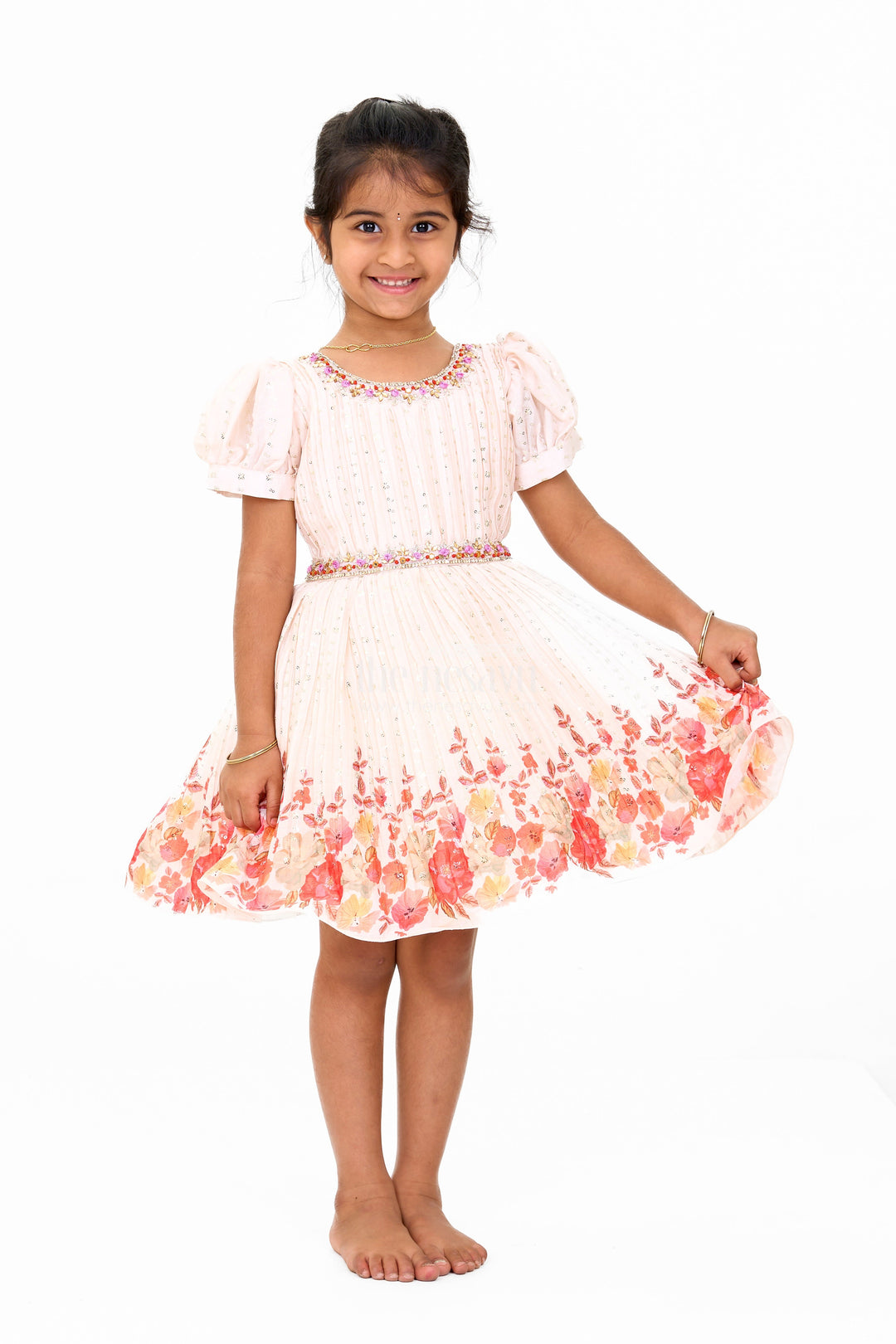 The Nesavu Silk Party Frock Girls Beige Fancy Frock with Floral Hemline and Embroidered Bodice for Birthday Celebrations Nesavu Nesavu Girls Beige Fancy Frock Floral Hemline Gold Detailing Birthday Parties