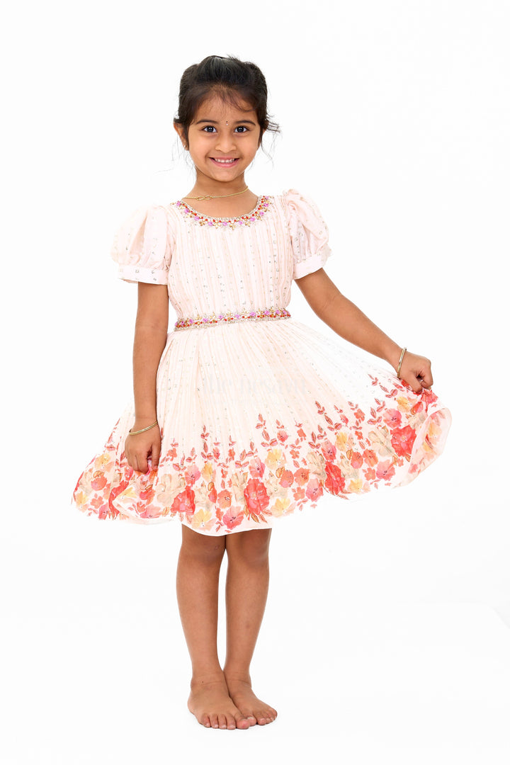 The Nesavu Silk Party Frock Girls Beige Fancy Frock with Floral Hemline and Embroidered Bodice for Birthday Celebrations Nesavu Nesavu Girls Beige Fancy Frock Floral Hemline Gold Detailing Birthday Parties