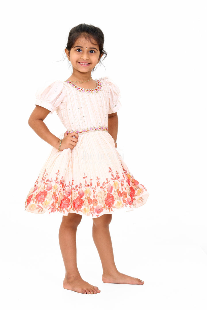 The Nesavu Silk Party Frock Girls Beige Fancy Frock with Floral Hemline and Embroidered Bodice for Birthday Celebrations Nesavu Nesavu Girls Beige Fancy Frock Floral Hemline Gold Detailing Birthday Parties