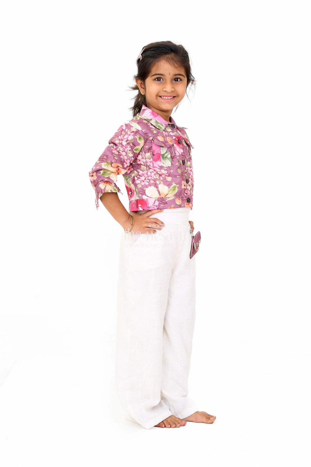 The Nesavu Girls Sharara / Plazo Set Girls Beige Jumpsuit with Floral Jacket – Trendy Festive Outfit for Girls Nesavu Girls Beige Jumpsuit Floral Jacket Nesavu Festive New Dress Stylish Girls