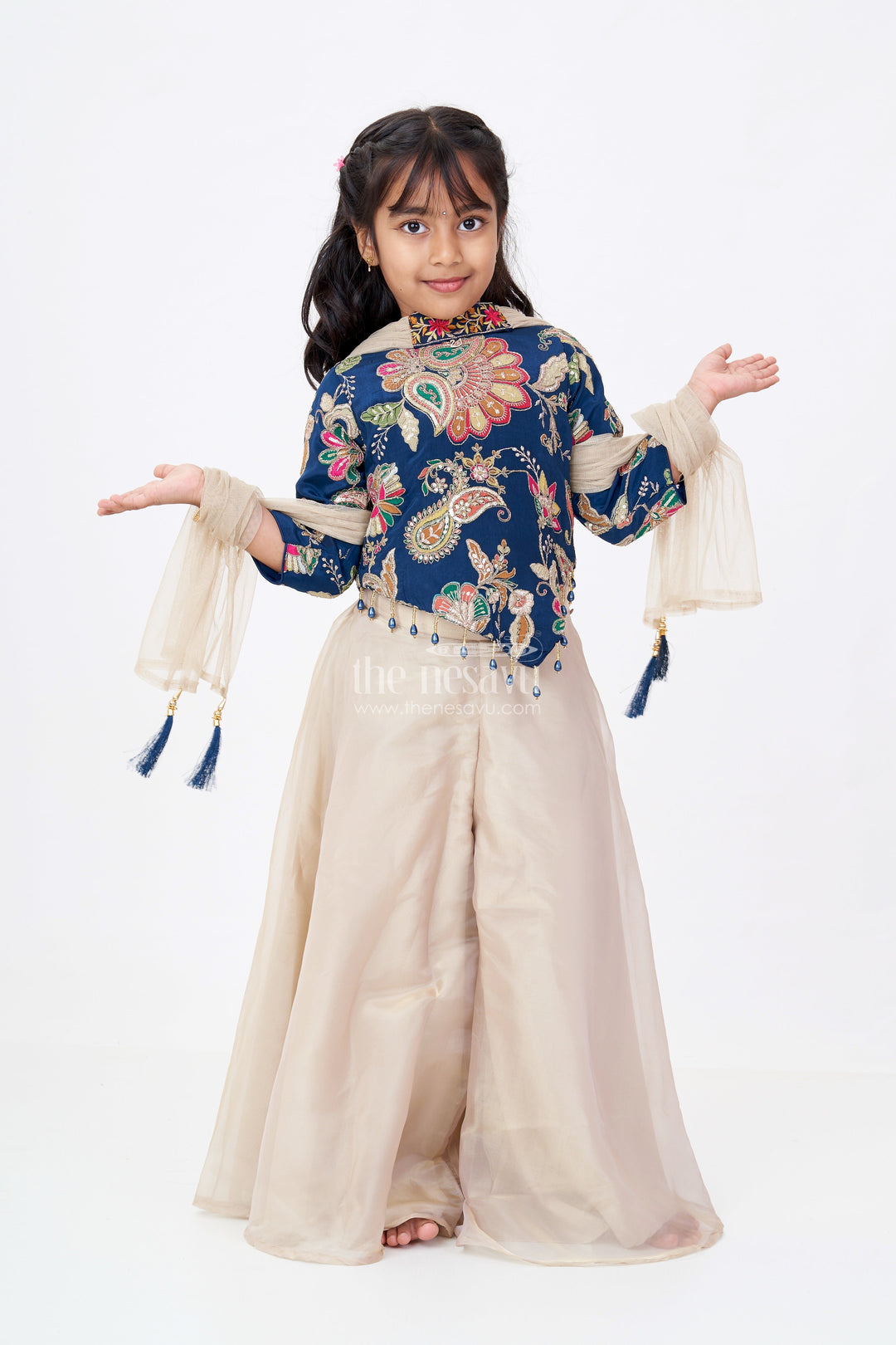 The Nesavu Girls Sharara / Plazo Set Girls Beige Jumpsuit Womens Style in Organza with Designer Embroidery and Half Sleeve Top Nesavu 24 (5Y) / Blue GPS565A-24 Nesavu Girls Beige Jumpsuit Womens Ethnic Style Embroidered Navy Top Organza
