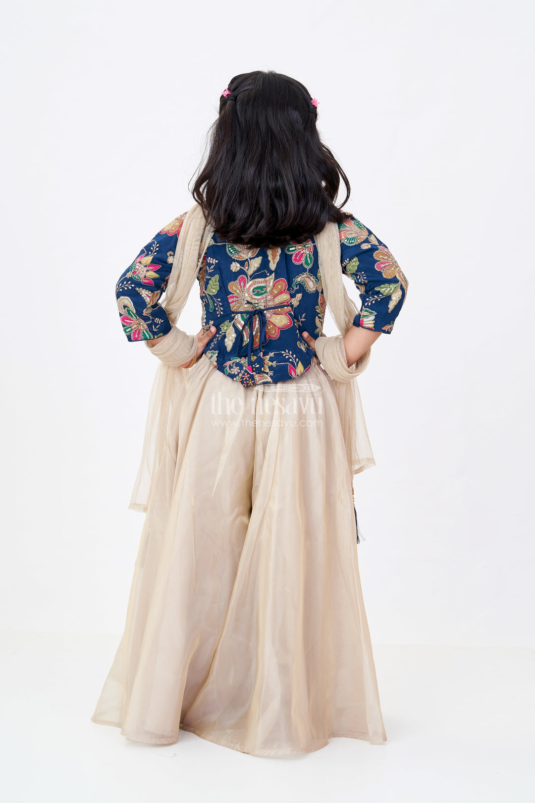 The Nesavu Girls Sharara / Plazo Set Girls Beige Jumpsuit Womens Style in Organza with Designer Embroidery and Half Sleeve Top Nesavu Nesavu Girls Beige Jumpsuit Womens Ethnic Style Embroidered Navy Top Organza