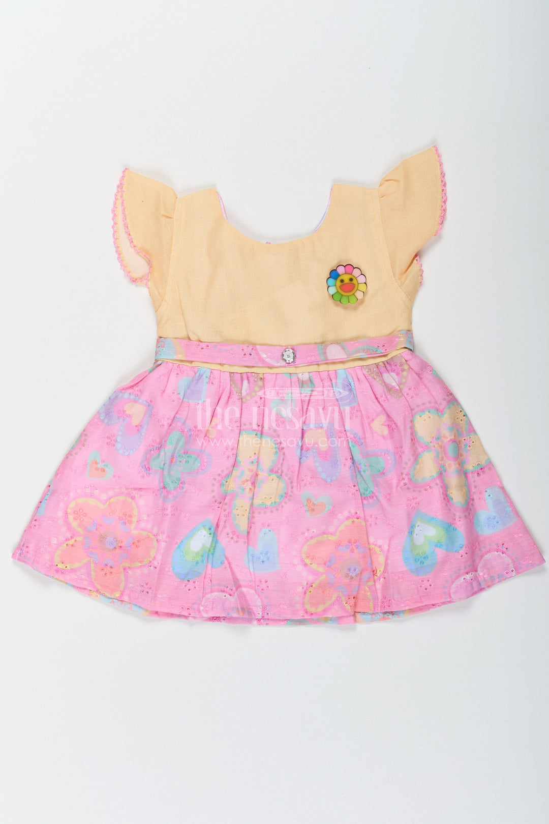The Nesavu Girls Cotton Frock Girls Belt Frock with Green Cotton Bodice and Pink Hakoba Embroidered Heart Print Skirt Nesavu 14 (6M) / Green BFJ764C-14 Nesavu Girls Cotton Belt Frock Green Bodice Pink Hakoba Embroidered Floral Heart Print Skirt