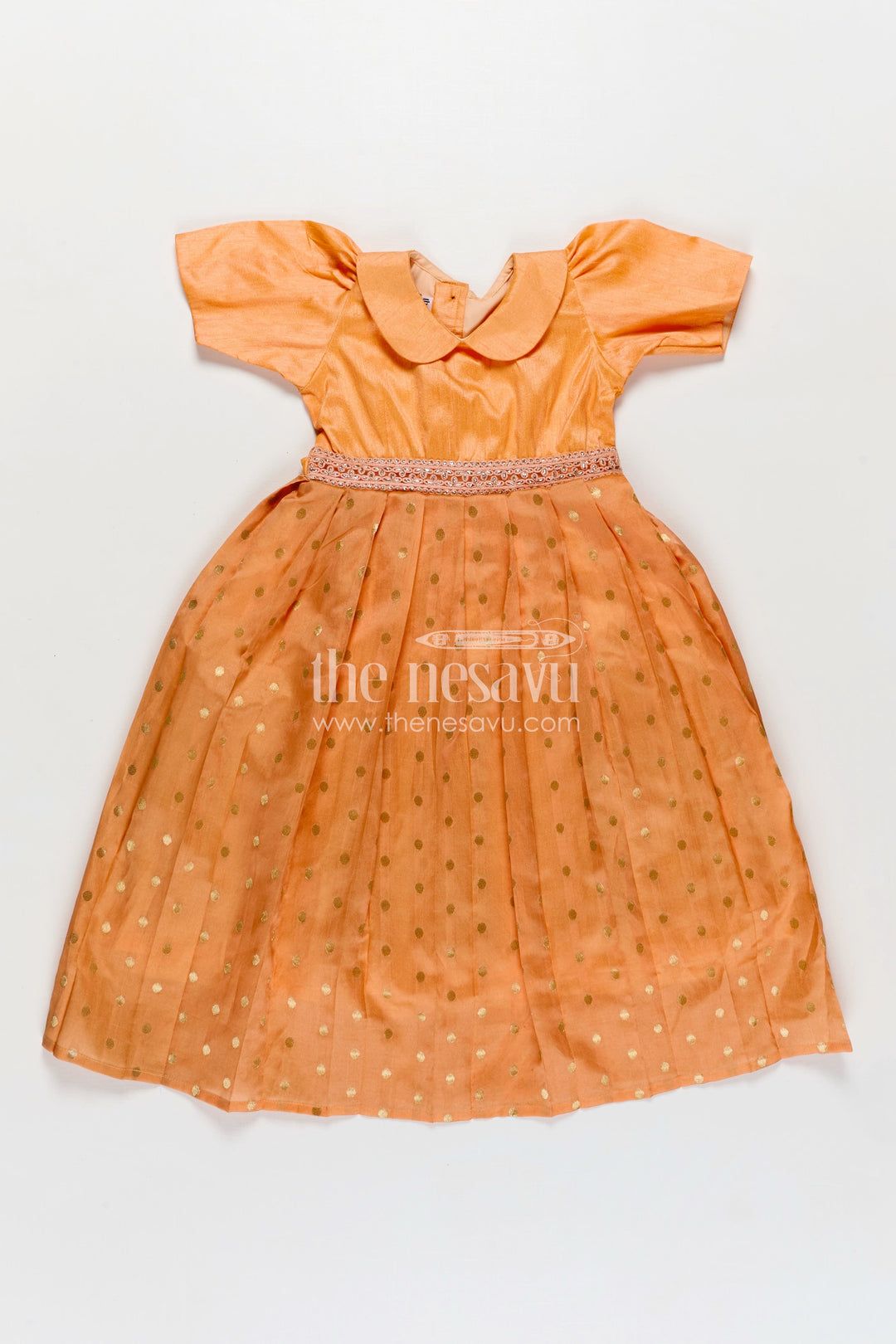 The Nesavu Girls Silk Gown Girls Birthday Gowns in Peach Raw Silk with Semi Banarasi Bottom and Peter Pan Collar Nesavu 20 (3Y) / Gold GA329A-20 Nesavu Girls Peach Raw Silk Birthday Gowns Semi Banarasi Gold Motif Bottom