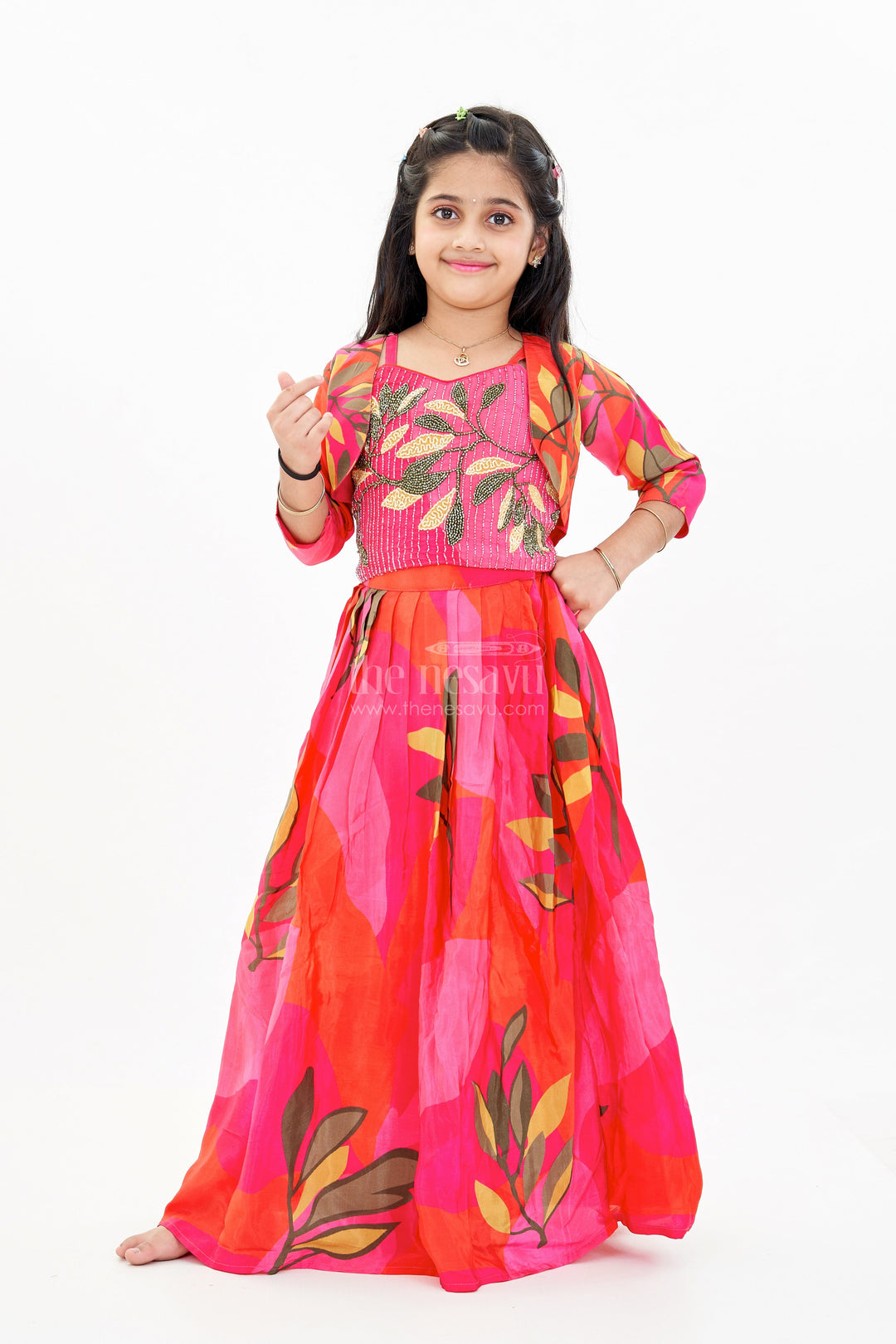 The Nesavu Girls Lehenga Choli Girls Birthday Lehenga with Floral Print and Embellished Sleeveless Choli in Vibrant Pink Nesavu 24 (5Y) / Pink GL599A-24 Nesavu Girls Pink Birthday Lehenga Floral Print Embellished Sleeveless Choli