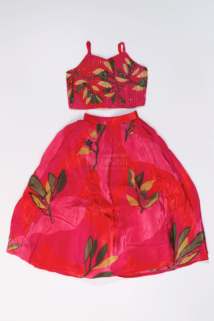 The Nesavu Girls Lehenga Choli Girls Birthday Lehenga with Floral Print and Embellished Sleeveless Choli in Vibrant Pink Nesavu Nesavu Girls Pink Birthday Lehenga Floral Print Embellished Sleeveless Choli