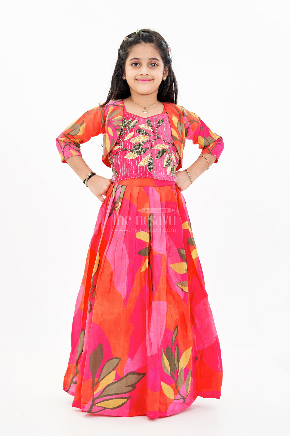 The Nesavu Girls Lehenga Choli Girls Birthday Lehenga with Floral Print and Embellished Sleeveless Choli in Vibrant Pink Nesavu Nesavu Girls Pink Birthday Lehenga Floral Print Embellished Sleeveless Choli