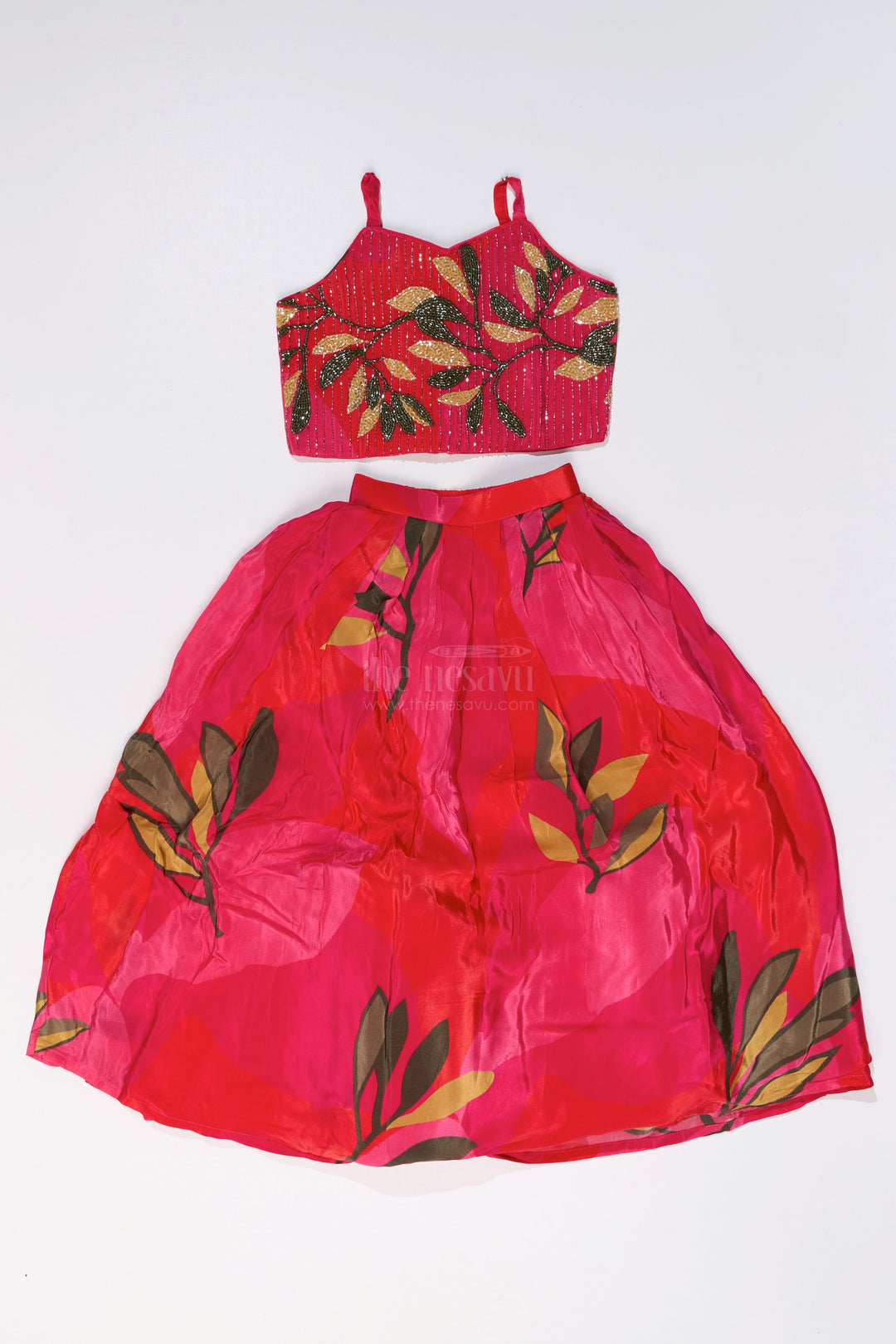The Nesavu Girls Lehenga Choli Girls Birthday Lehenga with Floral Print and Embellished Sleeveless Choli in Vibrant Pink Nesavu Nesavu Girls Pink Birthday Lehenga Floral Print Embellished Sleeveless Choli