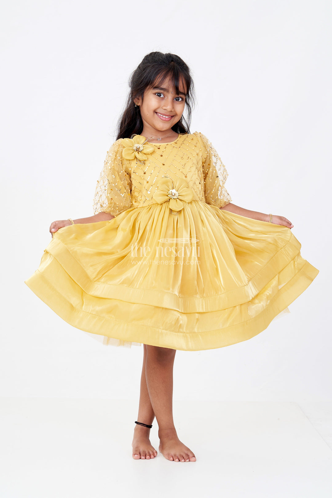 The Nesavu Girls Fancy Party Frock Girls Birthday Party Frock with Floral Embellishments and Puffy Sleeves in Golden Hue Nesavu 16 (1Y) / Yellow PF203A-16 Nesavu Girls Golden Birthday Party Frock Floral Embellishments Puffy Sleeves