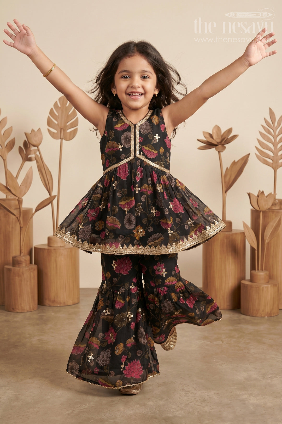 The Nesavu Girls Sharara / Plazo Set Girls Black Floral Sharara Plazo Set with Golden Lace Detailing Nesavu 16 (1Y) / Black GPS415A-16 Nesavu Girls Black Floral Sharara Plazo Set Golden Lace Dupatta