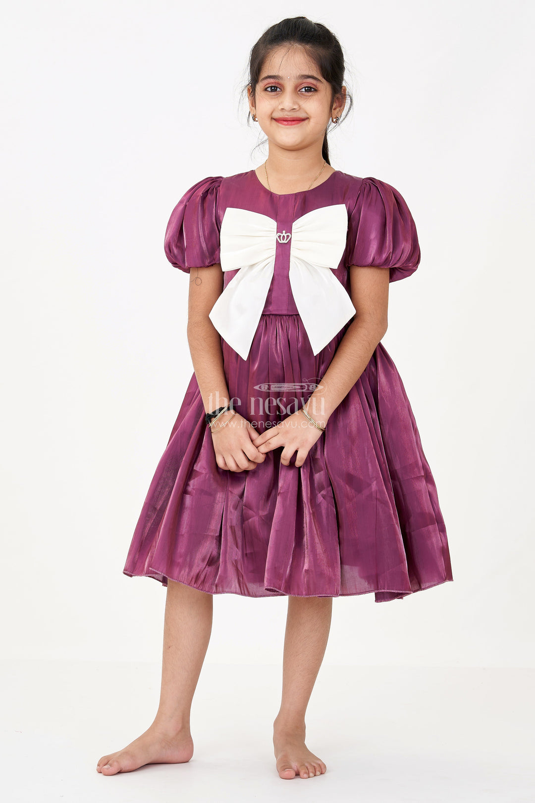 The Nesavu Girls Fancy Frock Girls Black Frock Dress in Glossy Satin with Ivory Bow and Crown Brooch for Party Elegance Nesavu 20 (3Y) / Purple GFC1670B-20 Nesavu Girls Black Frock Dress Satin Ivory Bow Crown Brooch Detail
