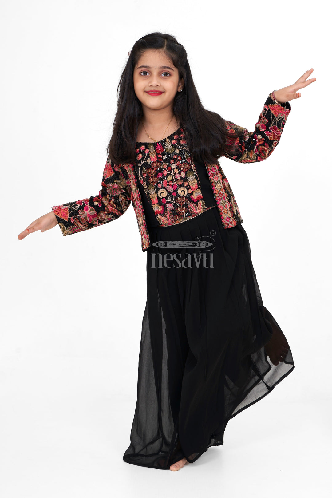 The Nesavu Girls Sharara / Plazo Set Girls Black Georgette Sharara Set with Multicolor Floral Thread Embroidered Jacket for Weddings and Parties Nesavu 24 (5Y) / Black GPS480A-24 Nesavu Girls Black Georgette Sharara Set Multicolor Embroidered Jacket Ideal Weddings Celebrations