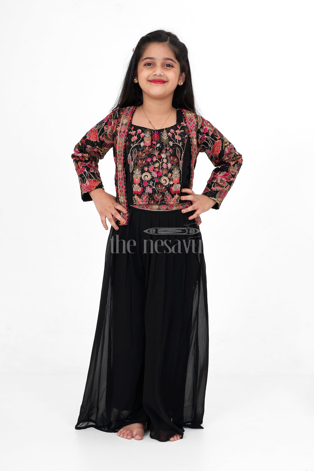 The Nesavu Girls Sharara / Plazo Set Girls Black Georgette Sharara Set with Multicolor Floral Thread Embroidered Jacket for Weddings and Parties Nesavu Nesavu Girls Black Georgette Sharara Set Multicolor Embroidered Jacket Ideal Weddings Celebrations