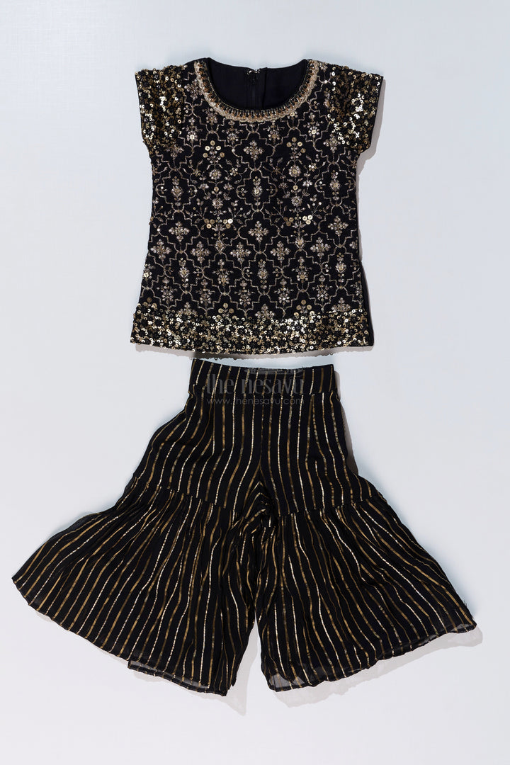 The Nesavu Girls Sharara / Plazo Set Girls Black Kurti Plazo Set with Sequined Embroidery and Tissue Silk Dupatta for Festive Occasions Nesavu Nesavu Girls Black Kurti Plazo Set Sequined Embroidery Tissue Silk Dupatta Festive Wear