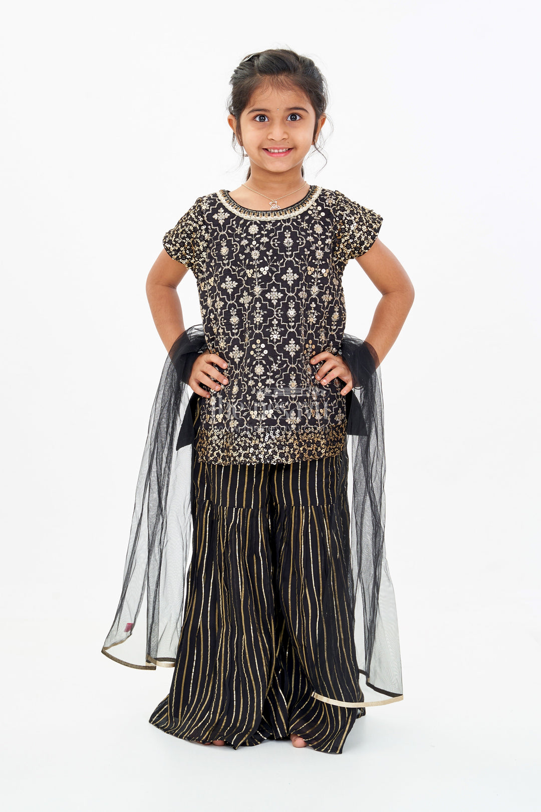 The Nesavu Girls Sharara / Plazo Set Girls Black Kurti Plazo Set with Sequined Embroidery and Tissue Silk Dupatta for Festive Occasions Nesavu Nesavu Girls Black Kurti Plazo Set Sequined Embroidery Tissue Silk Dupatta Festive Wear