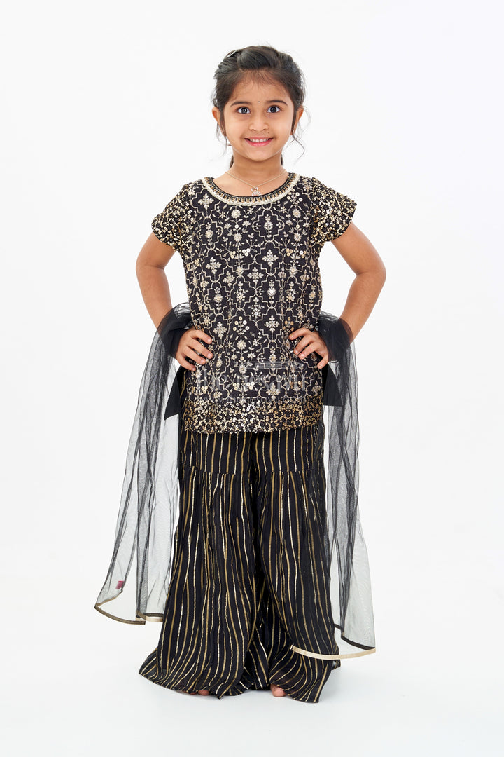 The Nesavu Girls Sharara / Plazo Set Girls Black Kurti Plazo Set with Sequined Embroidery and Tissue Silk Dupatta for Festive Occasions Nesavu Nesavu Girls Black Kurti Plazo Set Sequined Embroidery Tissue Silk Dupatta Festive Wear