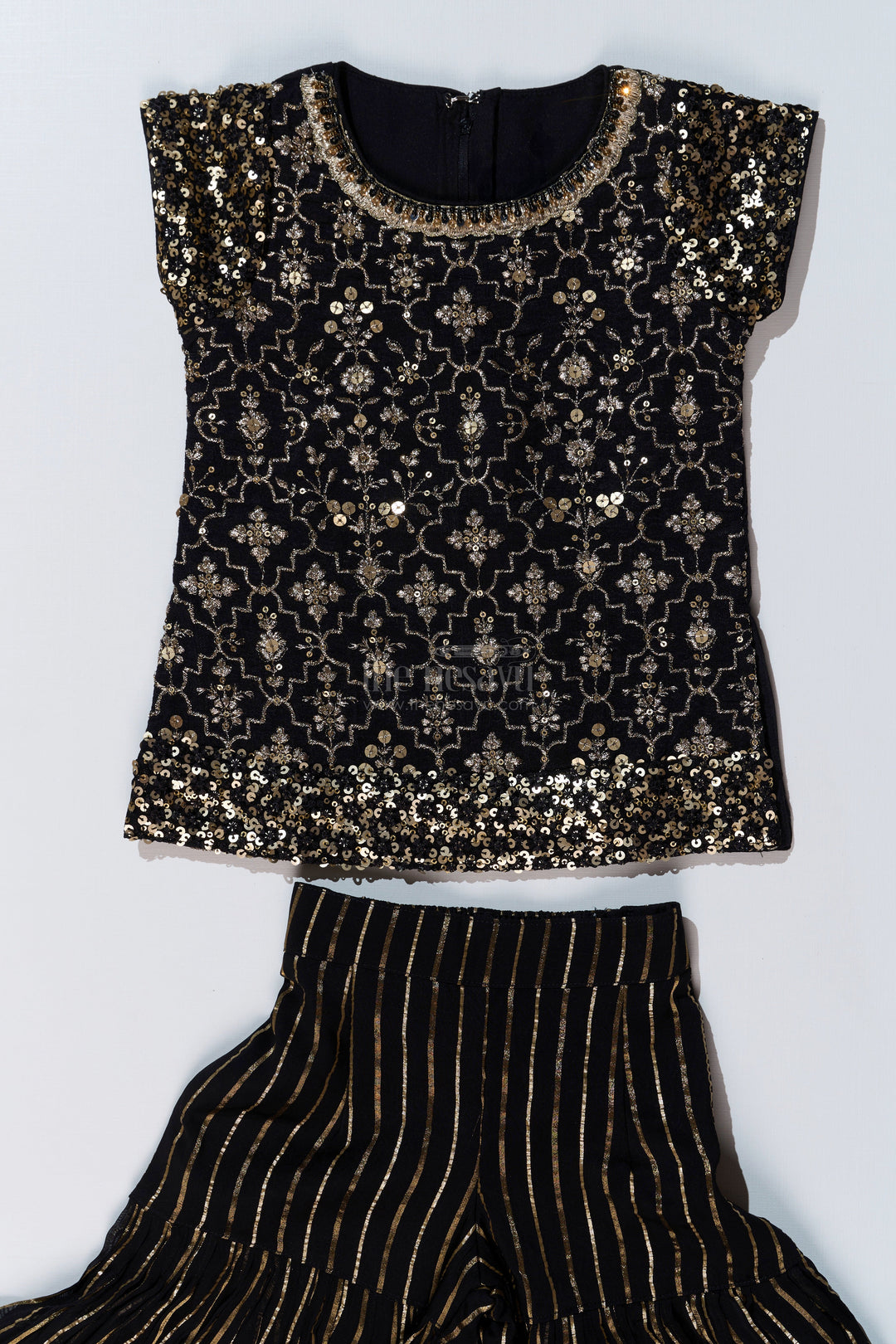 The Nesavu Girls Sharara / Plazo Set Girls Black Kurti Plazo Set with Sequined Embroidery and Tissue Silk Dupatta for Festive Occasions Nesavu Nesavu Girls Black Kurti Plazo Set Sequined Embroidery Tissue Silk Dupatta Festive Wear